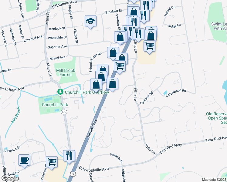 map of restaurants, bars, coffee shops, grocery stores, and more near 2672 Berlin Turnpike in Newington