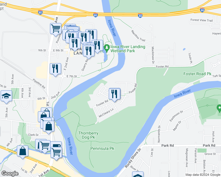 map of restaurants, bars, coffee shops, grocery stores, and more near 628 Walker Circle in Iowa City