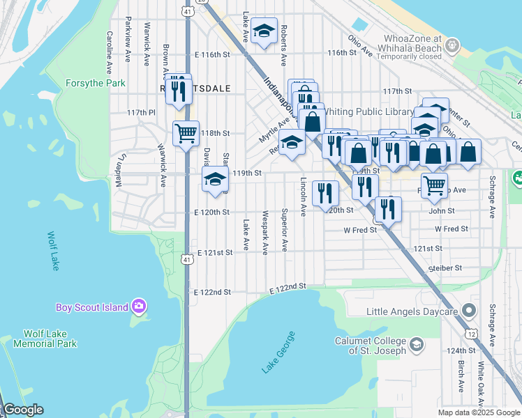 map of restaurants, bars, coffee shops, grocery stores, and more near 1948 Wespark Avenue in Whiting