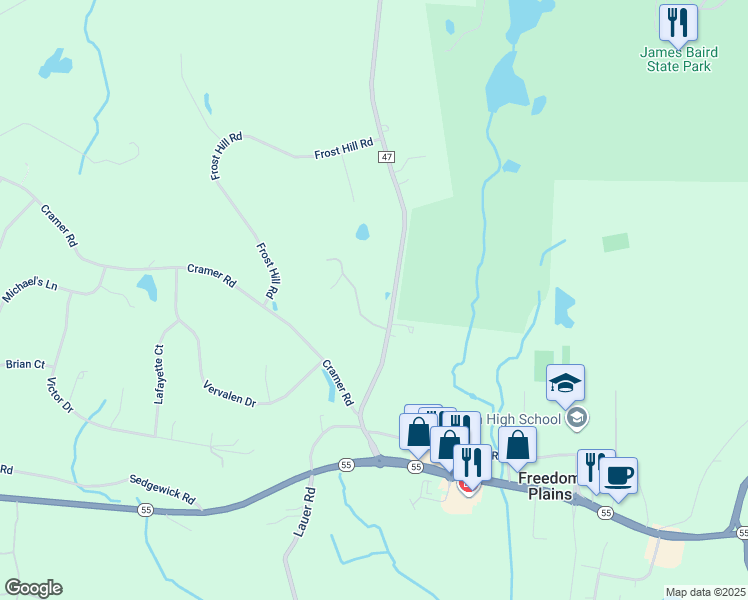 map of restaurants, bars, coffee shops, grocery stores, and more near 23 Freedom Road in Poughkeepsie