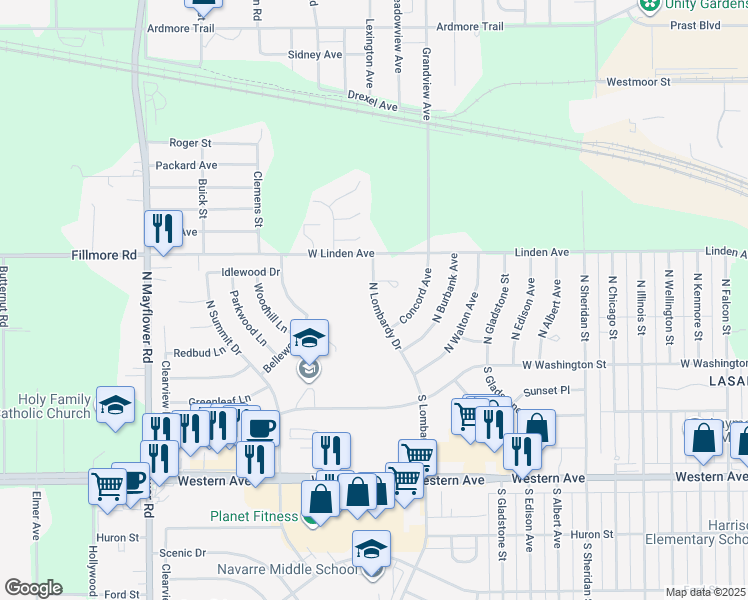 map of restaurants, bars, coffee shops, grocery stores, and more near 245 North Lombardy Drive in South Bend