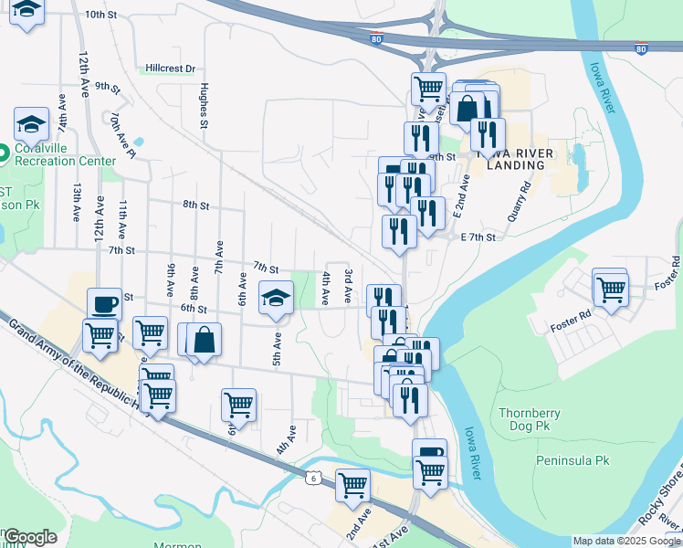 map of restaurants, bars, coffee shops, grocery stores, and more near 614 3rd Avenue in Coralville