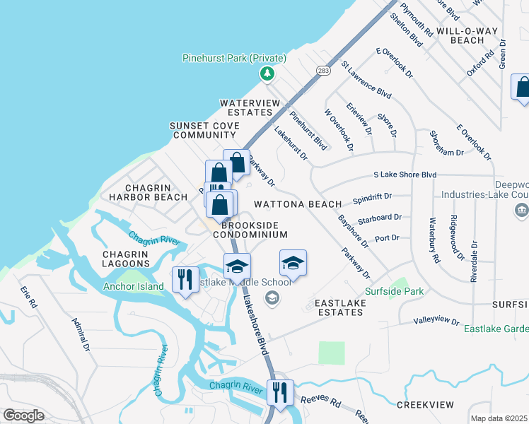 map of restaurants, bars, coffee shops, grocery stores, and more near 36260 Lakeshore Boulevard in Eastlake