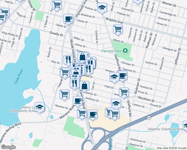 map of restaurants, bars, coffee shops, grocery stores, and more near 456 Tucker Street in Fall River
