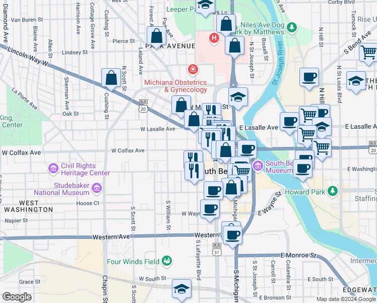map of restaurants, bars, coffee shops, grocery stores, and more near 314 West Colfax Avenue in South Bend