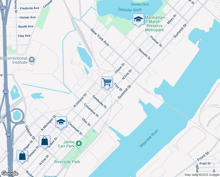 map of restaurants, bars, coffee shops, grocery stores, and more near 2715 N Erie St in Toledo