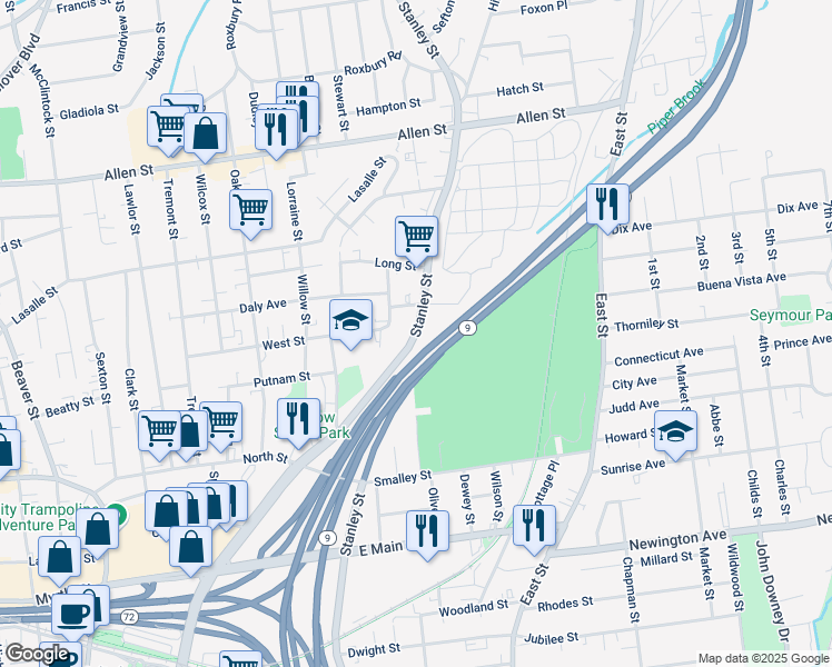 map of restaurants, bars, coffee shops, grocery stores, and more near 1100 Stanley Street in New Britain