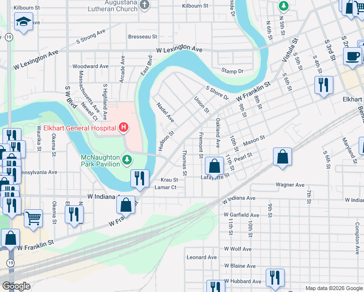map of restaurants, bars, coffee shops, grocery stores, and more near 1403 West Franklin Street in Elkhart