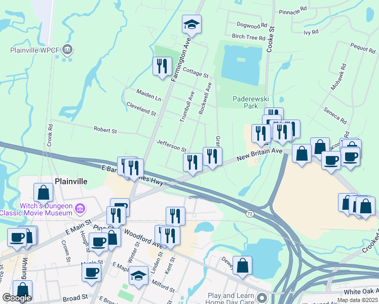 map of restaurants, bars, coffee shops, grocery stores, and more near Jefferson Street in Plainville