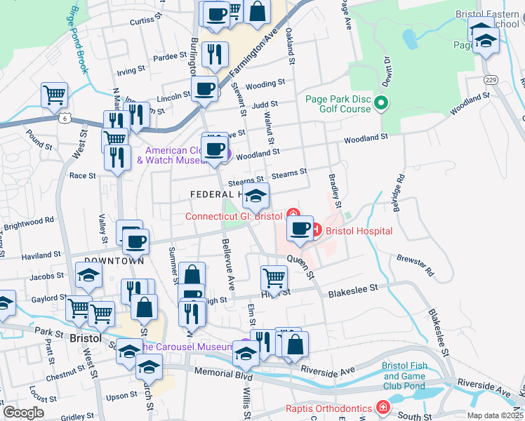 map of restaurants, bars, coffee shops, grocery stores, and more near 335 Center Street in Bristol