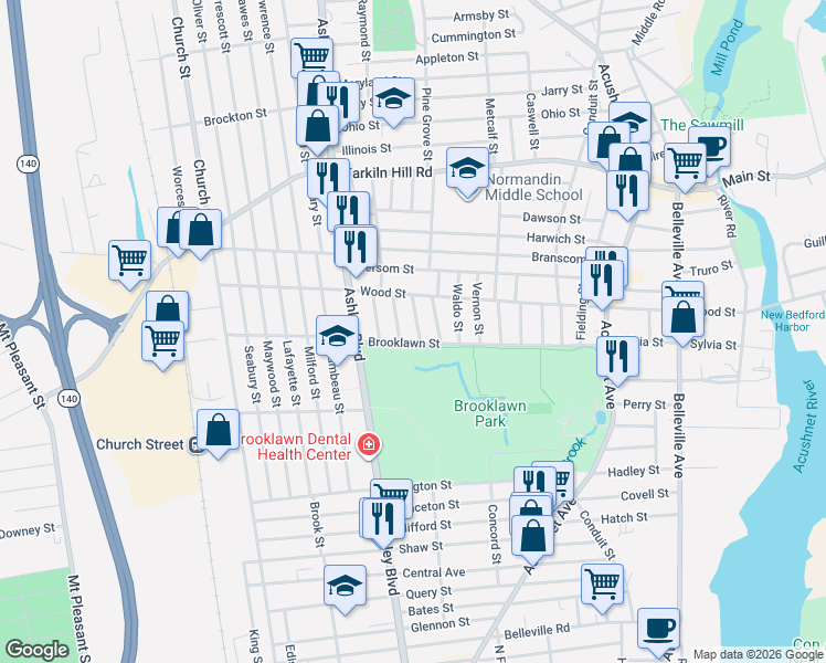 map of restaurants, bars, coffee shops, grocery stores, and more near 14 Moynan Street in New Bedford