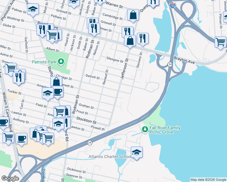 map of restaurants, bars, coffee shops, grocery stores, and more near 635 Jefferson Street in Fall River