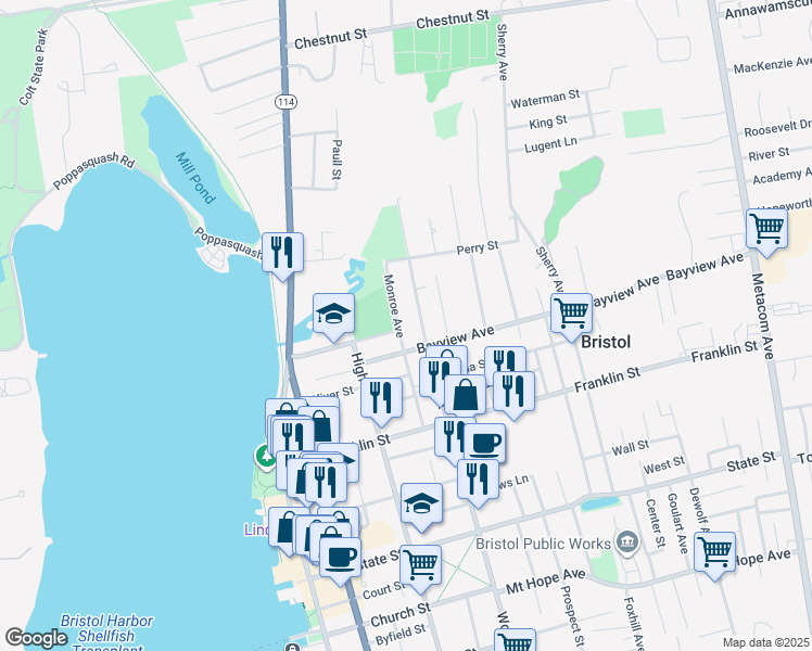 map of restaurants, bars, coffee shops, grocery stores, and more near 54 Monroe Avenue in Bristol