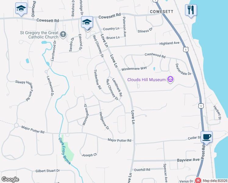 map of restaurants, bars, coffee shops, grocery stores, and more near 77 Landmark Road in Warwick