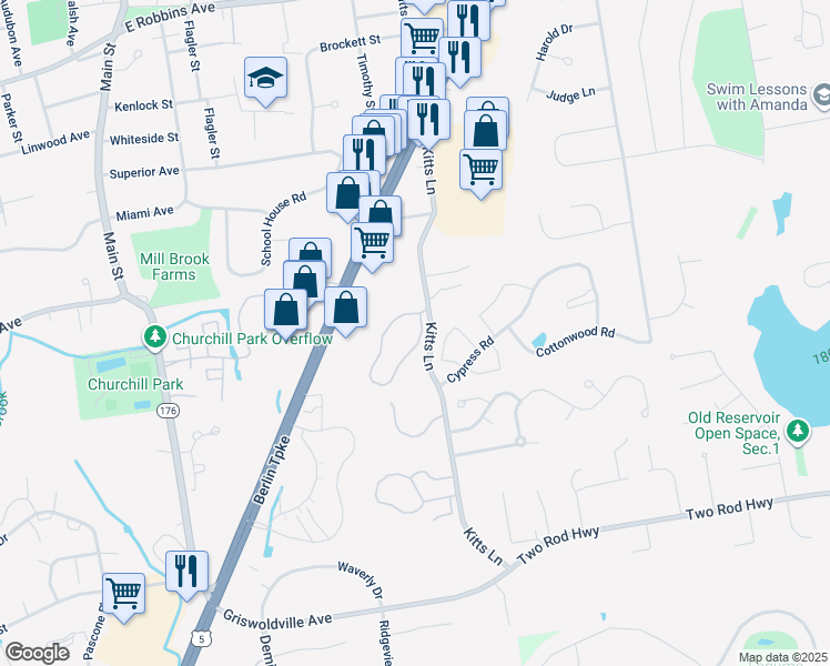 map of restaurants, bars, coffee shops, grocery stores, and more near 16 Crown Ridge in Newington