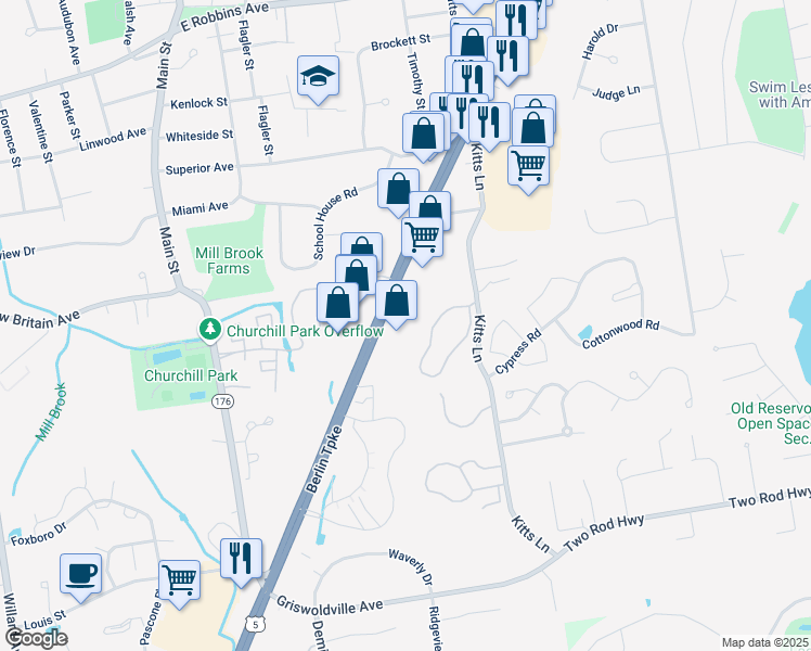 map of restaurants, bars, coffee shops, grocery stores, and more near 2672 Berlin Turnpike in Newington