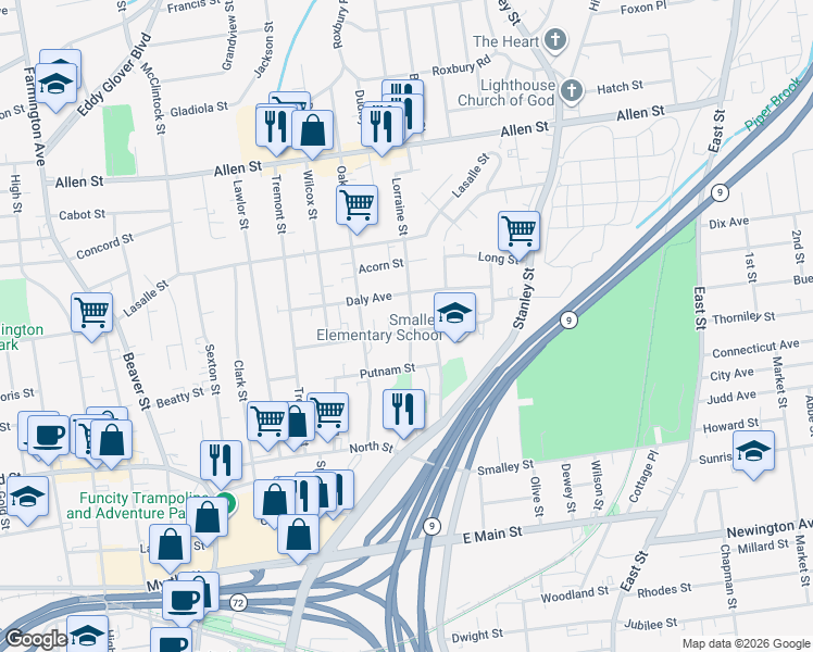 map of restaurants, bars, coffee shops, grocery stores, and more near 108 West Street in New Britain