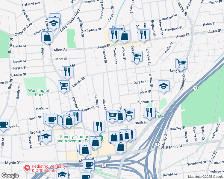 map of restaurants, bars, coffee shops, grocery stores, and more near 132 Tremont Street in New Britain