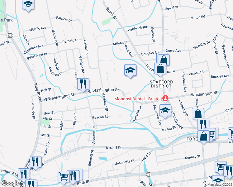 map of restaurants, bars, coffee shops, grocery stores, and more near 141 West Washington Street in Bristol