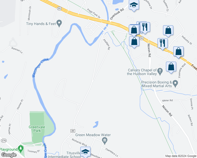 map of restaurants, bars, coffee shops, grocery stores, and more near 10 Phillips Road in Poughkeepsie