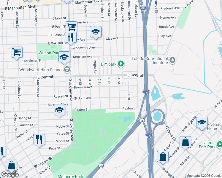 map of restaurants, bars, coffee shops, grocery stores, and more near 1220 Bronson Avenue in Toledo