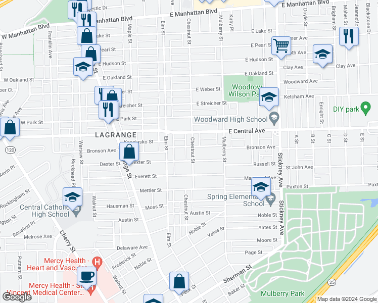 map of restaurants, bars, coffee shops, grocery stores, and more near 428 Bronson Avenue in Toledo