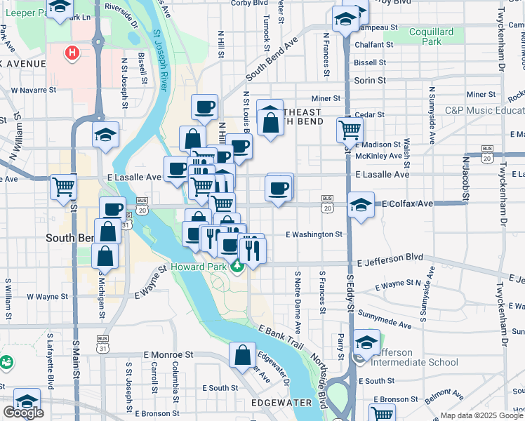 map of restaurants, bars, coffee shops, grocery stores, and more near 122 North Saint Louis Boulevard in South Bend