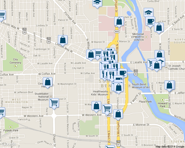 map of restaurants, bars, coffee shops, grocery stores, and more near 314 West Colfax Avenue in South Bend