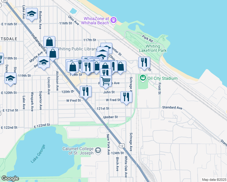 map of restaurants, bars, coffee shops, grocery stores, and more near 1521 John Street in Whiting