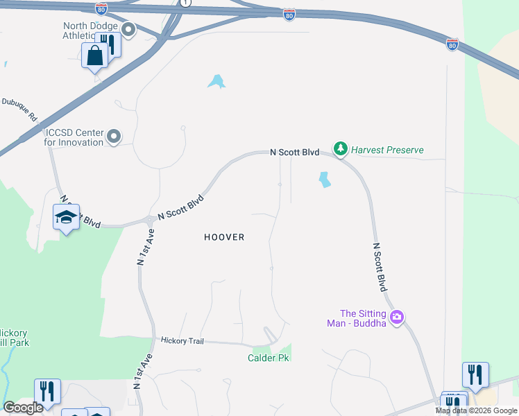 map of restaurants, bars, coffee shops, grocery stores, and more near 2858 Buckle Down Circle in Iowa City