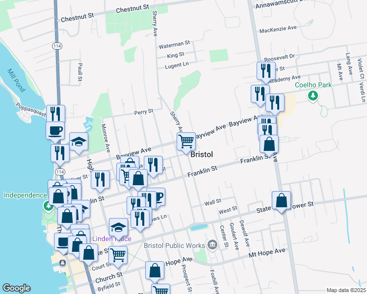 map of restaurants, bars, coffee shops, grocery stores, and more near 71 Buttonwood Street in Bristol