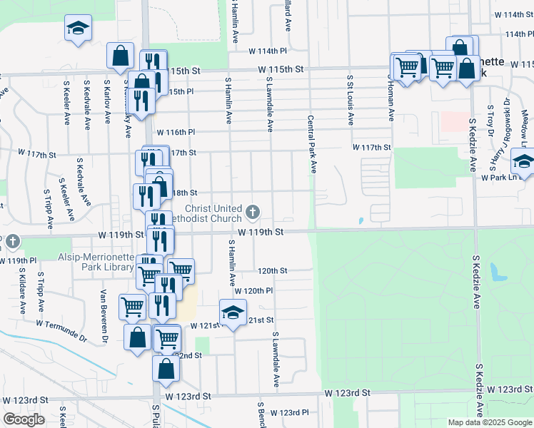 map of restaurants, bars, coffee shops, grocery stores, and more near 11834 South Lawndale Avenue in Chicago