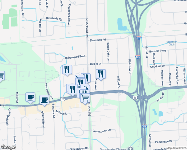 map of restaurants, bars, coffee shops, grocery stores, and more near 3227 Zone Avenue in Toledo
