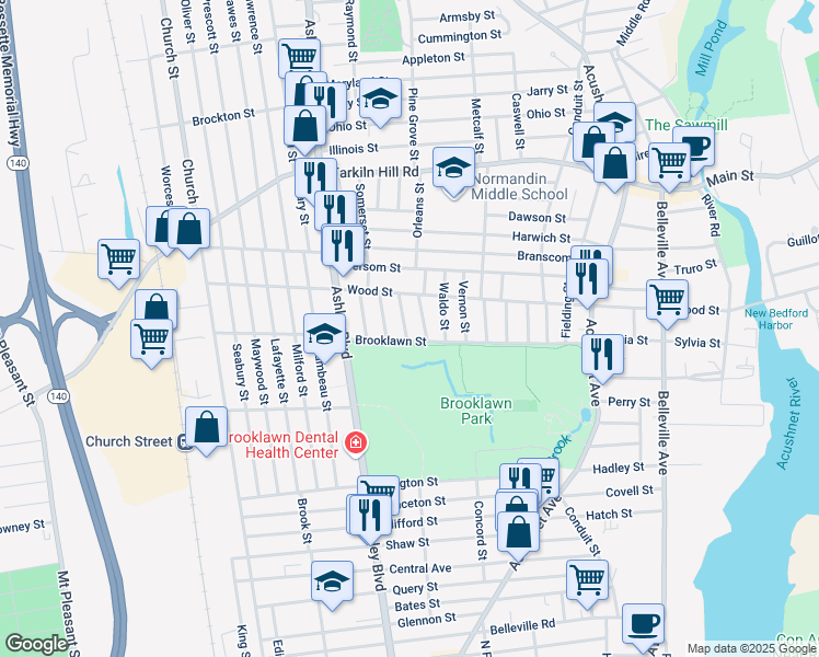 map of restaurants, bars, coffee shops, grocery stores, and more near 14 Moynan Street in New Bedford