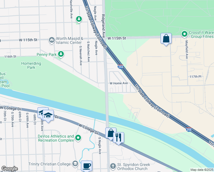 map of restaurants, bars, coffee shops, grocery stores, and more near 11740 South Ridgeland Avenue in Worth