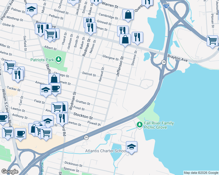 map of restaurants, bars, coffee shops, grocery stores, and more near 635 Jefferson Street in Fall River