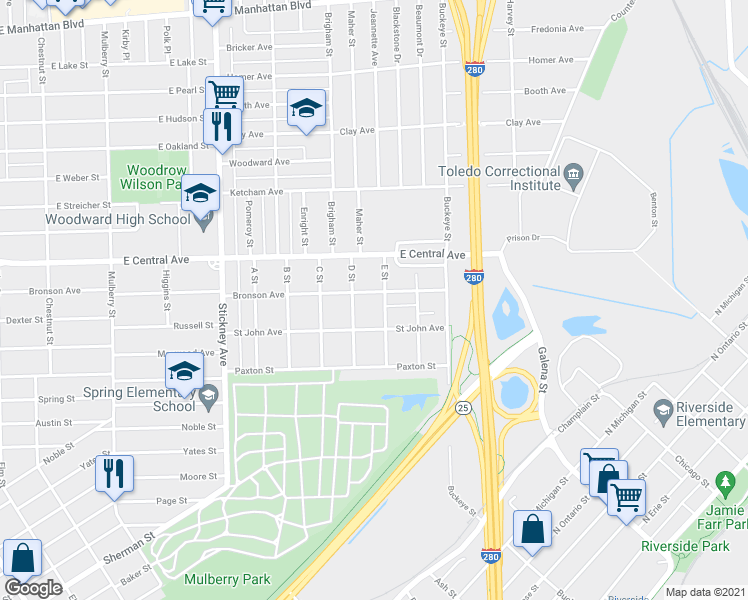 map of restaurants, bars, coffee shops, grocery stores, and more near 1220 Bronson Avenue in Toledo