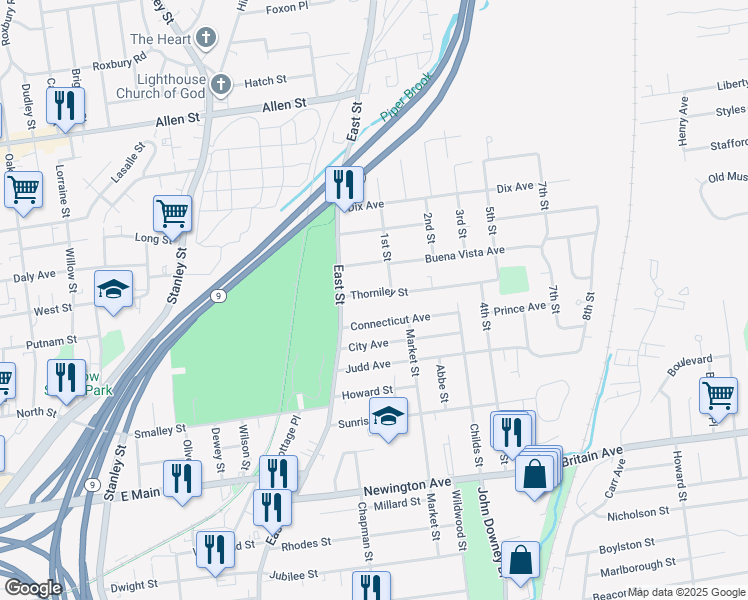 map of restaurants, bars, coffee shops, grocery stores, and more near 35 Thorniley Street in New Britain