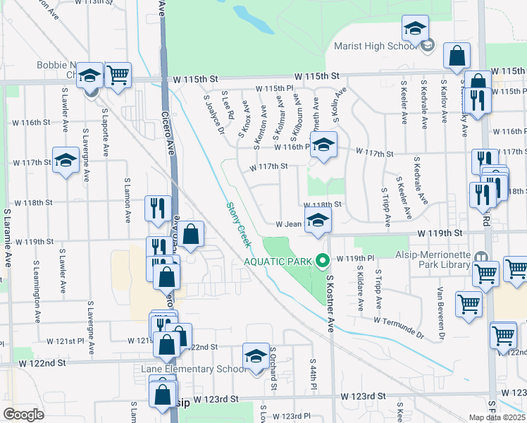map of restaurants, bars, coffee shops, grocery stores, and more near 11823 South Joalyce Drive in Alsip