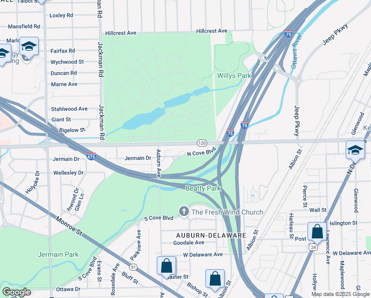 map of restaurants, bars, coffee shops, grocery stores, and more near 1401 North Cove Boulevard in Toledo