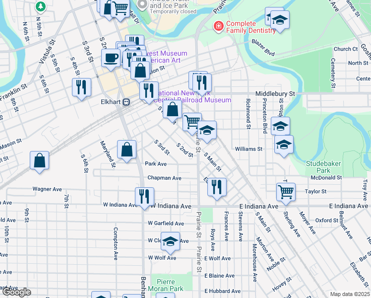 map of restaurants, bars, coffee shops, grocery stores, and more near 1038 South 2nd Street in Elkhart