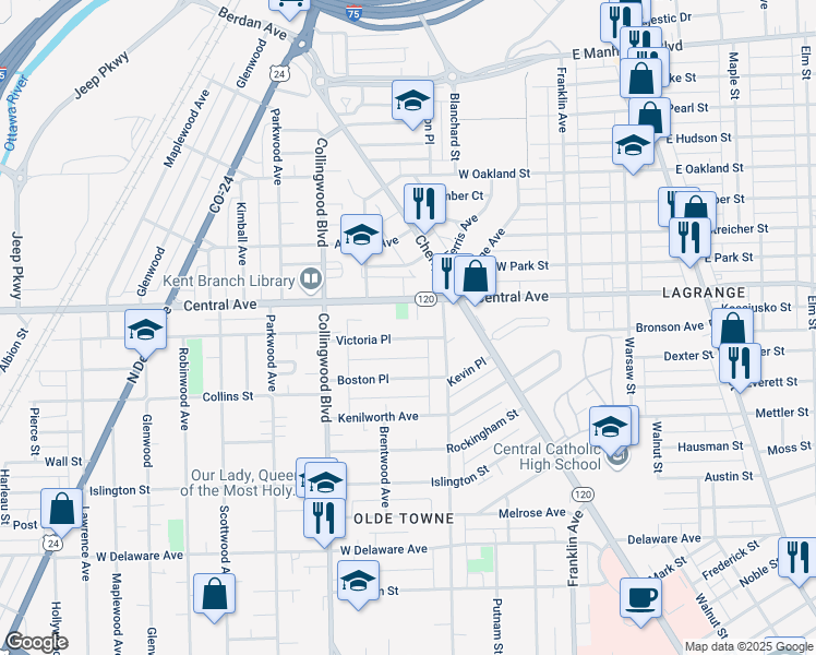 map of restaurants, bars, coffee shops, grocery stores, and more near 318 Victoria Place in Toledo