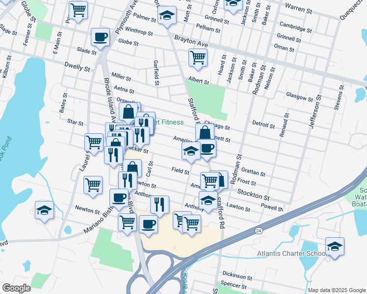 map of restaurants, bars, coffee shops, grocery stores, and more near 460 Ludlow Street in Fall River