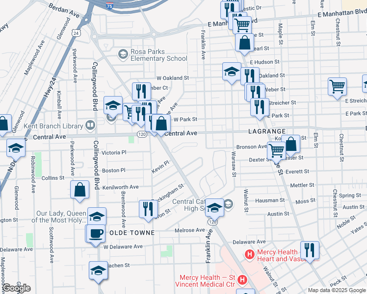 map of restaurants, bars, coffee shops, grocery stores, and more near Bronson Boulevard in Toledo