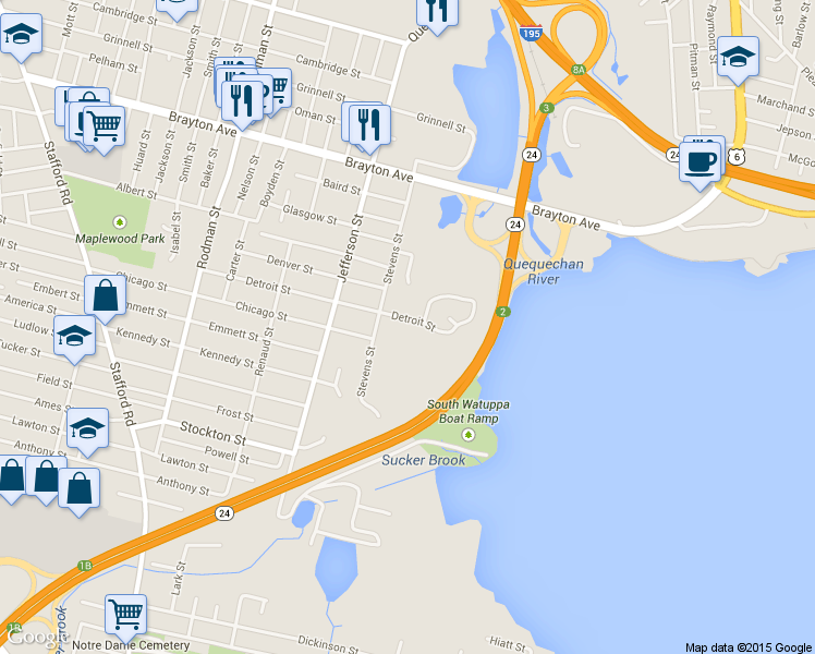 map of restaurants, bars, coffee shops, grocery stores, and more near 372 Stevens Street in Fall River