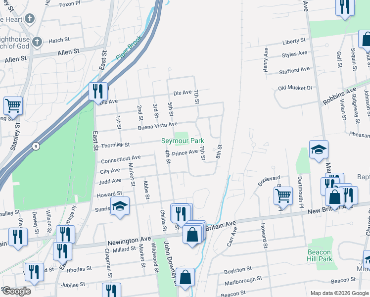 map of restaurants, bars, coffee shops, grocery stores, and more near 54 Prince Avenue in Newington