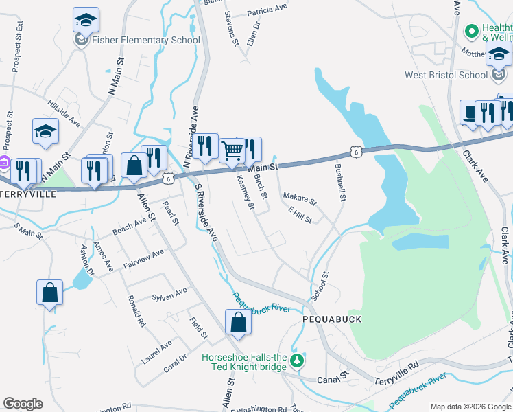 map of restaurants, bars, coffee shops, grocery stores, and more near 40 Birch Street in Plymouth