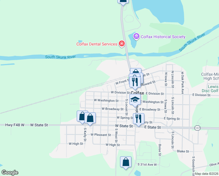 map of restaurants, bars, coffee shops, grocery stores, and more near 224 West Division Street in Colfax