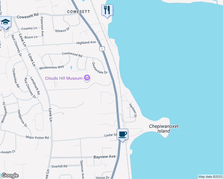 map of restaurants, bars, coffee shops, grocery stores, and more near 4177 Post Road in East Greenwich