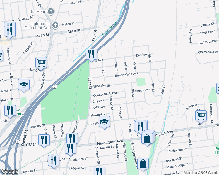 map of restaurants, bars, coffee shops, grocery stores, and more near 77 Thorniley Street in New Britain